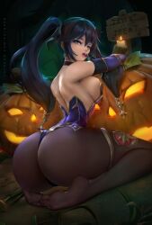 1girls alternate_breast_size ass ass_focus ass_shot back back_view black_hair bodystocking breasts bubble_butt feet felox08 female genshin_impact green_eyes halloween hips huge_ass jack-o'-lantern kneeling large_breasts looking_at_viewer mona_(genshin_impact) pumpkin slim_waist thick_thighs thighs tights twintails wide_hips