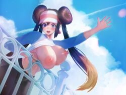 big_breasts blue_eyes blue_sky blush breast_squish breasts breasts_against_wall brown_hair brunette cap cloud clouds hair hair_buns happy hat huge_breasts large_areolae large_breasts large_nipples long_hair looking_at_viewer no_bra noperori open_mouth pantyhose perky_nipples pokemon pokemon_bw2 rosa_(pokemon) shirt shirt_lift sky sunny tagme waving