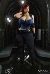 1girls 3d absurd_res areola_slip big_breasts breasts capcom cleavage cosplay dolly_(smz-69) female female_only hi_res hoop_earrings huge_breasts jill_valentine_(cosplay) lip_piercing piercings police_badge raccoon_city red_hair resident_evil resident_evil_3 resident_evil_3_remake sewer smz-69 solo solo_female thick_thighs voluptuous wide_hips