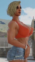 1girls 3d alternate_hair_color alternate_hairstyle athletic big_ass big_breasts big_butt blizzard_entertainment blonde_hair dark-skinned_female dark_skin fareeha_amari female female_only female_protagonist fit_female human large_ass large_breasts muscle_mommy overwatch pharah posing solo tanuking3d tattoo