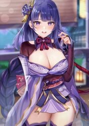 1girls bangs blush braid breasts cleavage eric_(tianqijiang) genshin_impact highres huge_breasts legwear long_hair looking_at_viewer mole mole_under_eye nail_polish purple_eyes purple_hair raiden_shogun solo standing thighhighs thighs