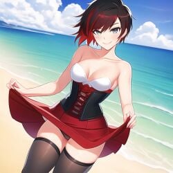 ai_generated bad_anatomy beach black_panties black_socks black_stockings corset female nai_diffusion red_skirt self_upload silver_eyes socks stable_diffusion thigh_pinch thigh_socks thighhighs white