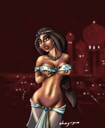 1girls aladdin amber_eyes belly_dancer belly_dancer_outfit brown_hair dark-skinned_female disney disney_princess groping_self harem_girl harem_outfit hourglass_figure islamic_architecture large_breasts long_hair looking_at_viewer middle_eastern middle_eastern_architecture middle_eastern_clothing middle_eastern_female ohmyvyom princess_jasmine royalty skirt