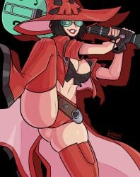 belt boots fingerless_gloves green-tinted_eyewear guilty_gear guilty_gear_strive guitar i-no intimidating jacket loggus_doggus punk ready_to_fight short_shorts sunglasses thigh_boots thighhighs tinted_eyewear witch witch_hat