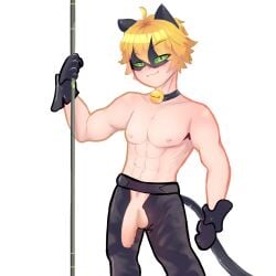 1boy abs adrien_agreste bell big_balls big_cock big_penis black_gloves black_suit blonde_hair cat_bell cat_ears cat_eyes cat_noir cat_tail catboy collar dick flaccid green_eyes koilada male male_only mask masked masked_male miraculous:_tales_of_ladybug_and_cat_noir miraculous_ladybug muscular muscular_male penis penis_out pole posing seductive_smile shirtless smile smirk smirking smirking_at_viewer solo staff suit uncircumcised unzipped_pants white_background white_skin