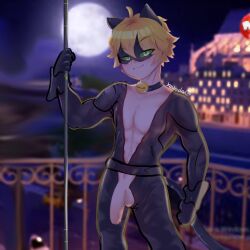 1boy abs adrien_agreste artist_name background balcony bell big_balls big_cock big_penis blonde_hair bodysuit cat_bell cat_ears cat_eyes cat_noir cat_tail catboy collar dick green_eyes koilada male male_only mask miraculous:_tales_of_ladybug_and_cat_noir miraculous_ladybug muscular muscular_male night night_sky penis penis_out pole posing seductive_smile smile smirk smirking smirking_at_viewer solo solo_focus solo_male staff unzipped_bodysuit unzipped_pants