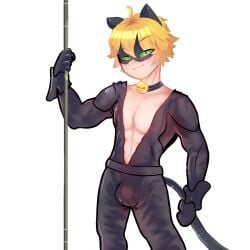 1boy abs adrien_agreste bell black_gloves black_suit blonde_hair bulge cat_bell cat_ears cat_eyes cat_noir cat_tail catboy collar green_eyes koilada male male_only mask masked masked_male miraculous:_tales_of_ladybug_and_cat_noir miraculous_ladybug muscular muscular_male open_bodysuit pole posing seductive_smile smile smirk smirking smirking_at_viewer solo staff unzipped_bodysuit white_background