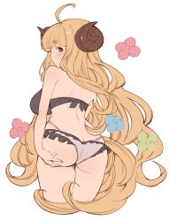 1girls anila_(granblue_fantasy) ayamachi3284_(綾町) blonde_hair blush female female_only granblue_fantasy horns light-skinned_female light_skin long_hair looking_at_viewer looking_back simple_background slight_blush solo swimsuit touching_own_butt white_background yellow_eyes