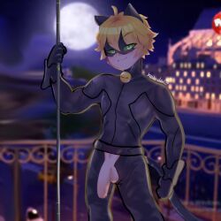 1boy adrien_agreste background balcony bell big_balls big_cock big_penis blonde_hair bodysuit cat_bell cat_ears cat_eyes cat_noir cat_tail catboy collar dick green_eyes koilada male male_only mask miraculous:_tales_of_ladybug_and_cat_noir miraculous_ladybug muscular muscular_male night night_sky penis penis_out pole posing seductive_smile smile smirk smirking smirking_at_viewer solo solo_focus solo_male staff suit unzipped_bodysuit unzipped_pants