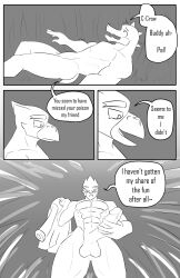 anthro avian bird brawl_stars buzz_(brawl_stars) clothing comic corvid crow_(brawl_stars) dinosaur duo gay greyscale hi_res male male/male monochrome nielon_saberton oscine paralysis paralyzed passerine reptile scalie stunned torn_clothing