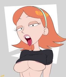 1girls adult_swim breasts drooling eyelashes female female_only ginger jessica_(rick_and_morty) looking_at_viewer no_bra red_hair rick_and_morty saliva shirt solo teenage_girl teenager thehumancopier tongue_out underboob visible_nipples