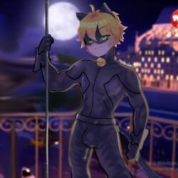 1boy abs adrien_agreste background balcony bell blonde_hair bodysuit bulge cat_bell cat_ears cat_eyes cat_noir cat_tail catboy collar dick green_eyes koilada male male_only mask masked masked_male miraculous:_tales_of_ladybug_and_cat_noir miraculous_ladybug muscular muscular_male night night_sky pole posing seductive_smile smile smirk smirking smirking_at_viewer solo staff suit white_skin