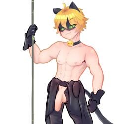 1boy abs adrien_agreste bell big_balls big_cock big_penis black_gloves black_suit blonde_hair cat_bell cat_ears cat_eyes cat_noir cat_tail catboy collar dick flaccid green_eyes koilada male male_only mask masked masked_male miraculous:_tales_of_ladybug_and_cat_noir miraculous_ladybug muscular muscular_male penis penis_out pole posing seductive_smile smile smirk smirking smirking_at_viewer solo staff suit uncircumcised unzipped_bodysuit unzipped_pants white_background white_skin