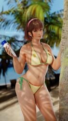 1girls 3d 3d_(artwork) 3dloveandpeace beach bikini blue_eyes brown_hair cleavage dead_or_alive female hairband hitomi_(doa) inviting large_breasts looking_at_viewer medium_hair seaside sunscreen voluptuous