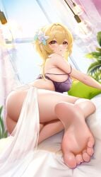 1girls :o ass barefoot blonde_hair bra breasts feet female flower_in_hair foot_fetish genshin_impact gold_eyes huge_ass large_ass large_breasts liao_(artist) light-skinned_female light_skin liu_liaoliao long_hair lumine_(genshin_impact) no_panties soles