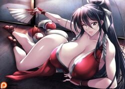 1girls akeno_himejima black_hair brown_eyes fatal_fury haganef high_school_dxd huge_breasts king_of_fighters mai_shiranui_(cosplay) revealing_clothes thick_thighs voluptuous wink