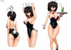 animal_ears armpits arms_up artist_name ass bare_legs black_hair black_leotard bow bowtie breasts brown_eyes cleavage cowboy_shot detached_collar drink female highres kantai_collection kinnan leotard medium_breasts multiple_views one_eye_closed playboy_bunny rabbit_ears rabbit_tail red_bow red_bowtie sendai_(kantai_collection) short_hair simple_background standing standing_on_one_leg strapless strapless_leotard tail tray two_side_up white_background wrist_cuffs