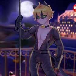 1boy abs adrien_agreste background balcony bell blonde_hair bodysuit bulge cat_bell cat_ears cat_eyes cat_noir cat_tail catboy collar dick green_eyes koilada male male_only mask masked masked_male miraculous:_tales_of_ladybug_and_cat_noir miraculous_ladybug muscular muscular_male night night_sky open_bodysuit pole posing seductive_smile smile smirk smirking smirking_at_viewer solo staff suit unzipped_bodysuit white_skin