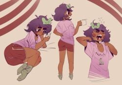 ankle_socks anklehighs ass baggy_clothing bow bow_in_hair cartoony cheek_spots cup dark-skinned_femboy dark-skinned_male dark_skin fanart femboy feminine_male fully_clothed goose_boose greasymeta hair male medium_hair mug oversized_shirt phone pink_hair shirt shorts socks stretching thick_eyebrows thighs tired trap white_socks yawn youtube youtuber youtuber_boy