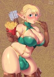 1futa 2019 armpits ass balls bare_shoulders belly big_ass big_belly big_breasts big_testicles blonde_hair blush boots breasts bulge cameltail chubby cleavage clothed clothes clothing dated dickgirl eating elf elf-san_wa_yaserarenai elf_ears elfuda flaccid food futa_only futanari gloves green_eyes hi_res high_resolution highres holding huge_ass huge_breasts huge_testicles humanoid humanoid_penis intersex intersex_only large_ass large_breasts large_testicles looking_at_viewer midriff mostly_nude navel overweight pale-skinned_futanari pale_skin penis pointy_ears pose short_hair solo standing sweat text thigh_gap thighhighs very_high_resolution watermark wet yellow_background zheng