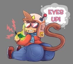 1boy annoyed big_ass bloons_tower_defense brown_fur clothed etienne french glasses handheld male male_only monkey scarf suede_(artist) tail text