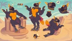 avian bara big_balls big_penis bird buff egyptian egyptian_mythology feathered_wings feathers furry male original_character parrot presenting_hindquarters reference_image rito smug vizier_sekani vurrus