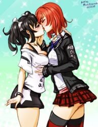 2girls black_hair black_socks blush bow_in_hair bracelet breasts closed_eyes french_kiss french_kissing hand_on_head jacket kissing love_live! love_live!_school_idol_project medium_breasts minacream multiple_girls necklace necktie nishikino_maki open_jacket orange_hair red_eyes red_socks shirt short_hair skirt socks striped_socks thigh_socks thighhighs twintails white_shirt yazawa_nico yuri