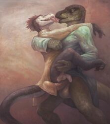 2018 3_toes 4_fingers anthro anthro_on_anthro arm_on_shoulder ass backsack balls balls_on_penis big_penis biped black_body black_scales bottomless brown_eyes brown_hair bulge carrying_partner claws closed_eyes clothed clothing cuddling dinosaur dromaeosaurid duo edmund_(klongi) embrace erection eye_contact feet fingers foreskin genitals glans green_body green_clothing green_scales green_shirt green_topwear hair hand_on_leg hand_on_side hand_on_thigh hi_res hug humanoid_genitalia humanoid_penis iguanodon iguanodontid jagged_teeth juc kissing klongi larger_male leg_grab lizard long_tongue looking_at_another looking_at_partner male male/male multicolored_body multicolored_scales open_mouth ornithischian partially_retracted_foreskin paws penis penis_size_difference penises_touching pink_penis predator/prey realistic_penis_size reptile romantic romantic_ambiance romantic_couple scales scalie shirt simple_background sitting_on_penis size_difference slim slim_anthro slim_male smaller_male smile teeth theropod thigh_grab toe_claws toes tongue tongue_on_tongue tongue_out topwear velociraptor white_balls white_body white_clothing white_scales white_shirt white_topwear