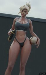 3d ball female female_only gym holding_ball holding_object kisxsfm mercy overwatch source_filmmaker sportswear sweaty tagme tied_hair volleyball volleyball_uniform water_bottle