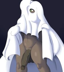 absurd_res anthro big_penis bovid brown_body caprine clothing coffee_demon costume genitals ghost_costume goat green_eyes hi_res male male_only mammal nude penis sam_(coffee_demon) solo thick_thighs