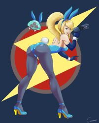 1girls ass bent_over blonde_hair blue_eyes blue_high_heels blue_leotard breasts bunny_ears bunny_tail canime gloves high_heels holding_gun huge_ass large_breasts leotard looking_back metroid metroid_(creature) mole_under_mouth nintendo pantyhose plasma_gun playboy_bunny ponytail samus_aran wrist_cuffs