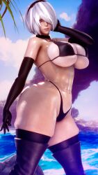 3d abs beach bikini black_socks curvy_female female full_body huge_ass huge_breasts looking_at_viewer nier:_automata nier_(series) nillin_(artist) thick_ass thick_thighs wet white_hair yorha_2b