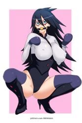 1girls ball_gag black_hair blue_eyes bodysuit bondage bondage_mittens breasts gag gagged high_heel_boots high_heels large_breasts lilith-fetish long_hair looking_at_viewer mask midnight_(my_hero_academia) my_hero_academia nemuri_kayama nipple_bulge squatting thighhighs thong_bodysuit