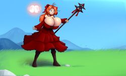 1girls alternate_version_available areolae blue_eyes breast_expansion breasts dress epic_battle_fantasy female female_only gameplay_mechanics hair_ribbons huge_breasts metachoke natalie_(ebf) newgrounds nipples orange_hair solo solo_female solo_focus