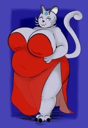 alolan_persian big_belly big_breasts breasts fat female furry persian plantedpot pokemon red_dress tagme