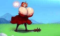 1girls alternate_version_available areolae blue_eyes breast_expansion breast_focus breasts dress epic_battle_fantasy female female_only gameplay_mechanics hair_ribbons huge_breasts hyper hyper_breasts metachoke natalie_(ebf) newgrounds nipples orange_hair solo solo_female solo_focus