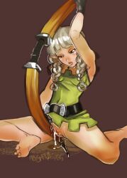 abysmal0 bottomless bow braid dragon's_crown elf_(dragon's_crown) female gloves pointy_ears pussy_juice rubbing twin_braids