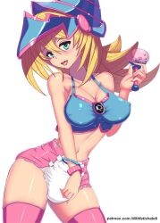 1girls blonde_hair blue_bra blue_eyes bra bracelets breasts dark_magician_girl diaper female hat holding_rattle large_breasts lilith-fetish long_hair looking_at_viewer magician magician_hat midriff navel nipple_bulge open_mouth pentagram pink_diaper pink_thighhighs rattle thighhighs yu-gi-oh!