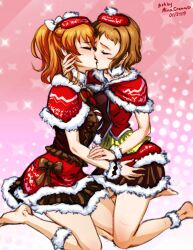 2girls bow_in_hair breasts brown_hair choker christmas christmas_outfit closed_eyes corset dress fur_choker hand_on_head hat kira_tsubasa kissing kneeling kousaka_honoka love_live! love_live!_school_idol_project medium_breasts minacream multiple_girls orange_hair ponytail short_hair yuri