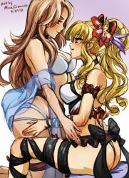 2girls black_bow black_choker black_panties blonde_hair bow bra bracelet breasts brown_eyes brown_hair choker earrings flower_in_hair granblue_fantasy hand_on_thigh katalina_aryze kneeling large_breasts lingerie long_hair looking_at_another microskirt midriff minacream multiple_girls panties ponytail sitting skirt smile thick_thighs vira_lillie white_bra white_lingerie white_panties yuri