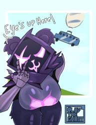 battle_bus bear_costume bear_ears big_breasts big_thighs eyes_up_here fortnite fortnite:_battle_royale furry furry_ears furry_female lavtheghost leaning_forward purple_body purple_fur raven_team_leader raven_team_leader_(fortnite) simple_background text thick_thighs