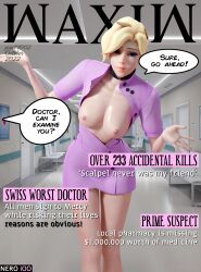 1girls 3d angela_ziegler big_breasts blender blizzard_entertainment blonde_female blonde_hair breasts collar conversation doctor dress eye_contact female female_only front_page hair hi_res hospital legs light_hair light_skin looking_at_viewer magazine mercy nero100 nipples no_bra nude nurse open_clothes overwatch pose solo speech_bubble standing thighs waxiw