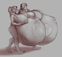 2girls beauty_mark belly belly_bulge big_belly big_breasts breasts drelard female female_pred huge_belly huge_breasts multiple_girls nipples same_size_vore twintails vore