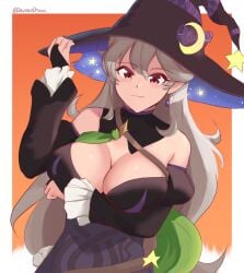 1girls alternate_costume big_breasts cleavage corrin_(female)_(halloween)_(fire_emblem) corrin_(fire_emblem) corrin_(fire_emblem)_(female) daymandraws earrings female female_only fire_emblem fire_emblem_fates fire_emblem_heroes halloween halloween_costume large_breasts long_hair nintendo oerba_yun_fang official_alternate_costume red_eyes smug solo very_long_hair white_hair witch witch_hat