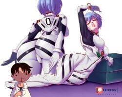 1boy 1girls ass big_ass big_butt blue_hair bodysuit breasts cameltoe female neon_genesis_evangelion nosebleed plugsuit red_eyes rei_ayanami shinji_ikari short_hair skin_tight skindentation technical_incest thick_thighs thighs wide_hips yoru_dan