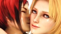 3d bikini blonde_hair blue_eyes brown_eyes cheek_kiss dead_or_alive kissing_cheek larryjohnsonsfm mila_(doa) red_hair romantic selfie tina_armstrong yuri