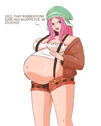 1girls arbrianarchy belly_stuffing big_breasts bloated bloated_belly breasts cleavage female female_only jewelry_bonney one_piece pink_hair stuffed_belly stuffing suspenders text