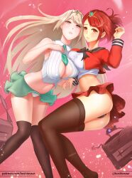 2girls black_panties black_socks blonde_hair breasts hand_on_chest holding_hands koshiosaur large_breasts long_hair midriff multiple_girls mythra navel necktie nintendo panties pyra red_eyes red_hair school_bag school_uniform short_hair skirt socks thigh_socks thighhighs tiara upskirt white_panties xenoblade_(series) xenoblade_chronicles_2 yellow_eyes