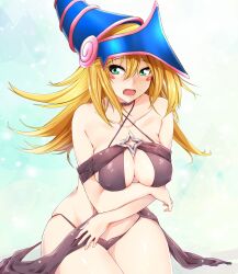 1girls belt_choker black_bra black_panties blonde_hair bra breasts choker dark_magician_girl duel_monster female green_eyes hat large_breasts long_hair looking_at_viewer magician magician_hat midriff navel nipple_bulge open_mouth panties yaminokonjiki1 yu-gi-oh!