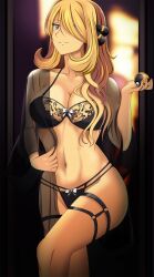 1girls black_bra black_lingerie black_panties blonde_hair bow_bra bow_panties bra breasts cynthia_(pokemon) female game_freak gray_eyes grey_eyes hair_ornament hair_over_one_eye holding_pokeball large_breasts lingerie long_blonde_hair long_hair looking_at_viewer midriff milf navel nintendo open_robe panties pokeball pokemon pokemon_dppt robe see-through see-through_clothing solo ultra_ball vivivoovoo